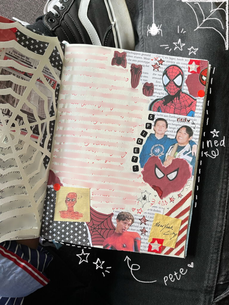 A journal spread about peter parker with doodles on the picture