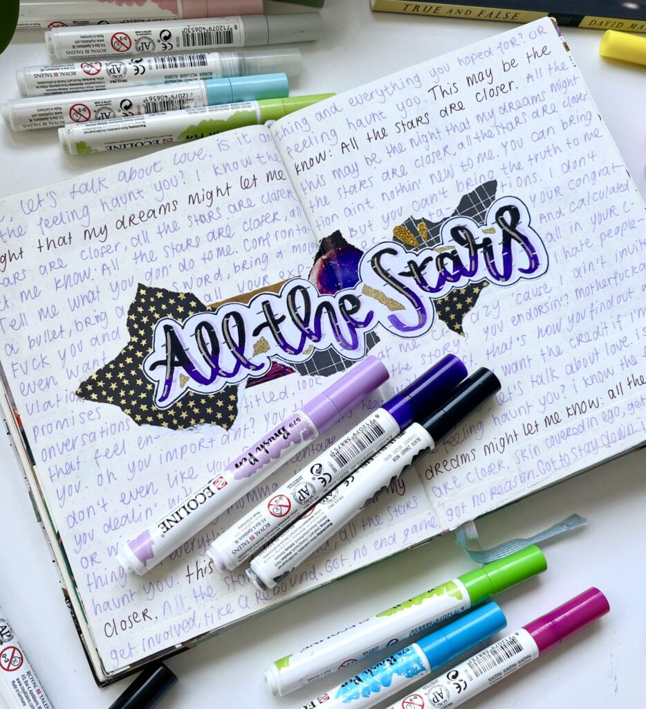 We see a bullet journal opened on a page showing lettering 'all the stars' which the title of a song. In the background we can read the lyrics of this song. Lots of ecoline brush pens are scattered on top of the page and bureau