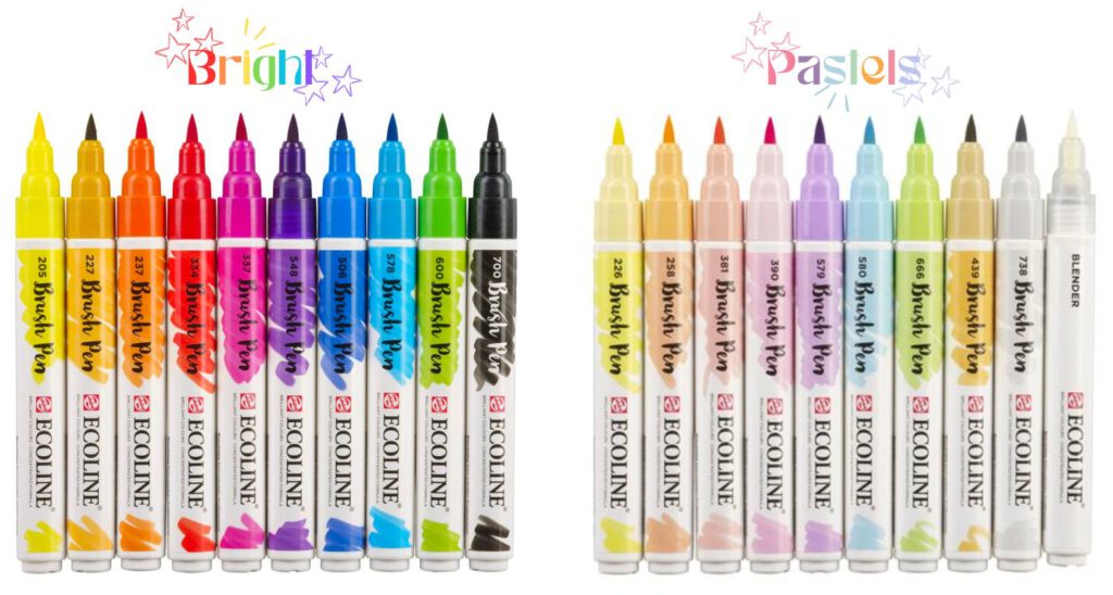 two sets are shown of the ecoline brush pens: the 10-piece bright colors and the 10-piece pastel colors.