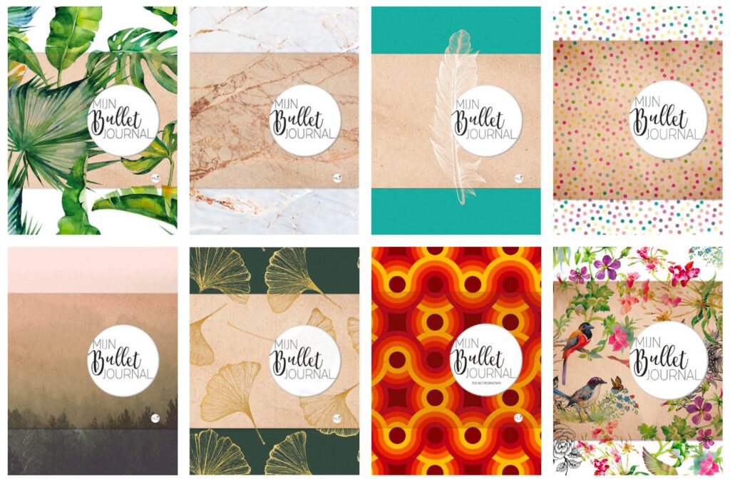 A display of eight different kinds of covers on a white background of the bullet journal by Mus creative. We see different kinds of florals, leaves, confetti, retro pattern and a marble white pattern