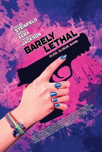 The poster of the movie 'barely lethal' shows a hand with nailpolish and bracelets holding a gun in front of a pink and purple grafiti background